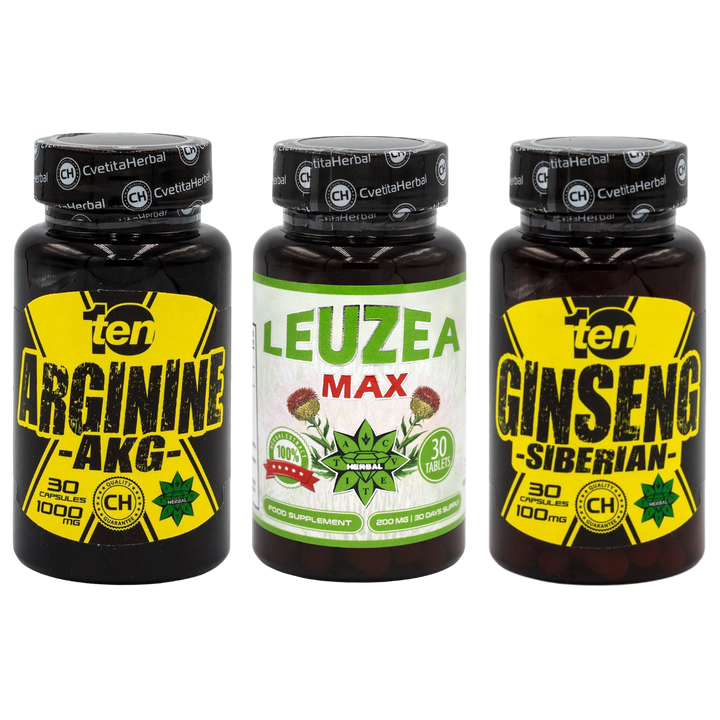 COMBO BALÍK: Leuzea 30 tabliet + TEN Arginine 40 tabliet + Ten Siberian Ginseng 30 tabliet